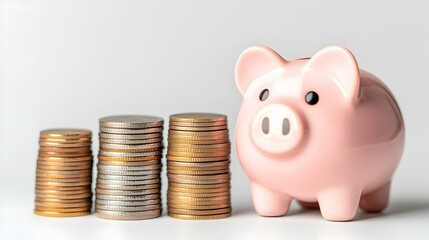 Poster - A playful pink piggy bank displayed alongside increasing stacks of coins on a clean white background representing the growth and accumulation of personal savings and wealth