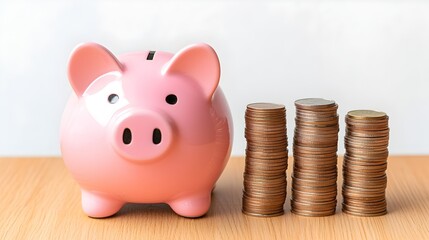 Poster - Vibrant pink piggy bank and a set of rising coin stacks standing on a bright white background illustrating the concept of savings accumulation and financial growth