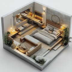 Poster - Top view 3D render of contemporary minimalist bedroom lowprofile platform bed minimalistic accessories shown detailed floor plan set against plain white background emphasizing modern design elements