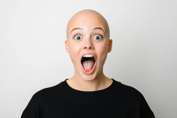 Woman with a shaved head and a surprised expression on her face. bald woman with extremely puckered lips and her cheeks are caving in from the pressure, wide eyes, excited, funny, white background,