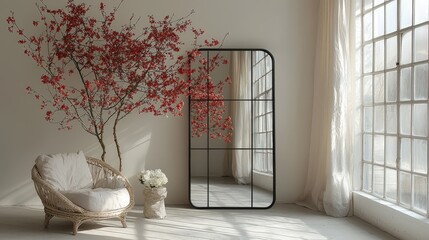 Poster - A contemporary setting featuring a sleek black metal-framed mirror, standing against a pristine white backdrop, enhancing the overall aesthetic of the room.
