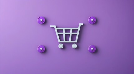 Fototapete - Neumorphic style shopping cart icon with a purple gradient background and 3D pin buttons creating a modern and sleek visual representation of the online buying process
