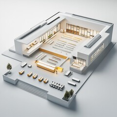 Poster - Top view 3D render of convention center with a wide open event space and adjacent rooms designed for presentations floor plan shown on a clean isolated white background