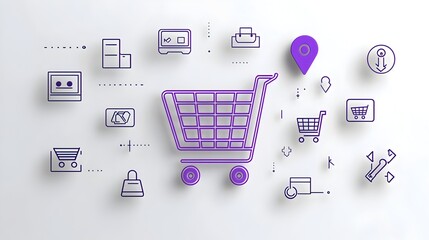 Fototapete - Neumorphic styled shopping cart symbol with a purple gradient background featuring 3D pin buttons and outline signs  This modern ecommerce design element can be used for online store interfaces