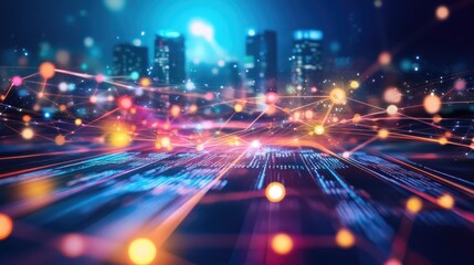 Poster - Colorful digital network with city skyline backdrop