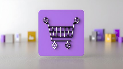 Fototapete - Neumorphic 3D shopping cart icon with a vibrant purple gradient background featuring clean line outlines and pin buttons for a modern online shopping interface design