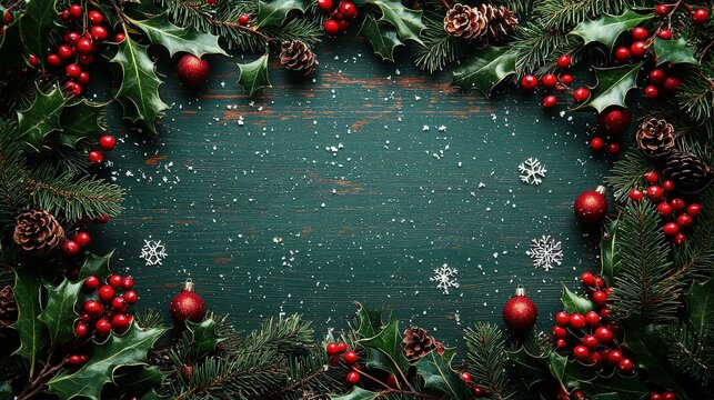A delightful Christmas frame composed of lush holly leaves and shiny red berries, surrounded by whimsical snowflakes, perfect for holiday cards.