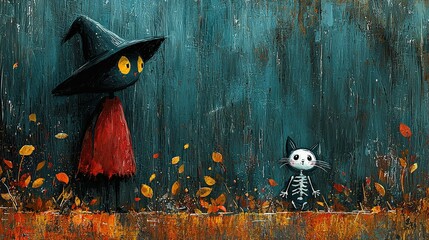 Poster - A festive background of cute Halloween doodles showcasing whimsical witches casting spells, friendly skeletons dancing, and playful cats among autumn leaves.