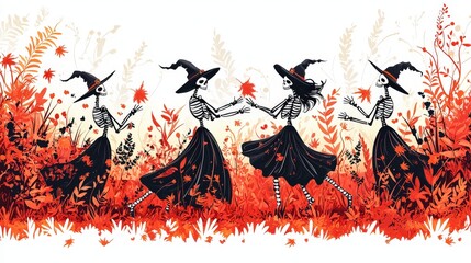 Poster - A festive background of cute Halloween doodles showcasing whimsical witches casting spells, friendly skeletons dancing, and playful cats among autumn leaves.
