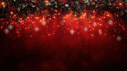 Poster - A festive red background adorned with elegant white snowflakes and rich holly leaves, bathed in the glow of soft lights, perfect for creating a warm holiday atmosphere.