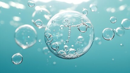 Aufkleber - Mesmerizing transparent water bubbles with soft light reflections gently floating against a serene blue gradient backdrop for a refreshing and airy desktop or mobile wallpaper design