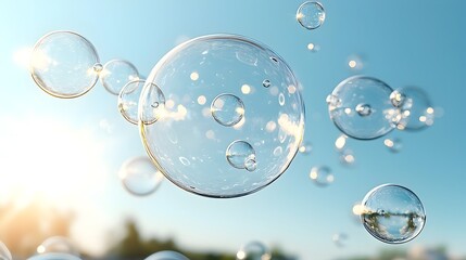 Leinwandbilder - Transparent and shimmering water bubbles floating gently against a soft blue gradient background creating a refreshing and airy wallpaper or backdrop design
