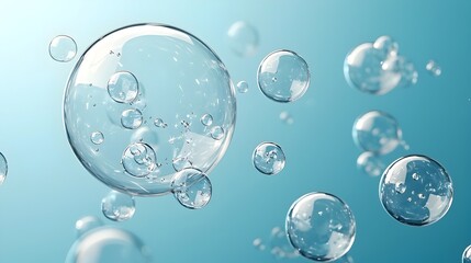 Aufkleber - Soothing and refreshing transparent water bubbles with soft light reflections floating gracefully against a serene blue gradient background