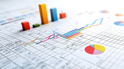 Aufkleber - Detailed data visualization featuring a complex graph with colorful intersecting line charts and a bar chart set against a grid backdrop to showcase comprehensive data analysis and strategic insights