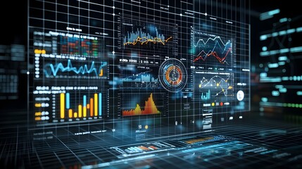 Fototapete - Captivating data visualization featuring a vibrant graph with multiple dynamic line charts overlaid on a bar chart set against a grid background showcasing complex data analysis and emerging trends