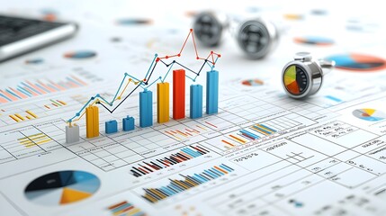 Leinwandbilder - Vibrant data visualization with overlapping line charts and bar graphs set against a structured grid creating a detailed digital for analytics statistics and business reporting