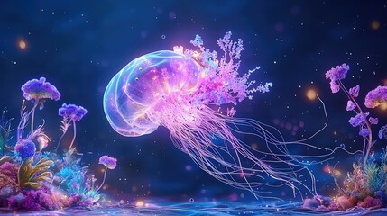 Poster - A ghostly deep-sea creature floating through an eerie underwater world with glowing plants and supernatural vibes. with pastel style,