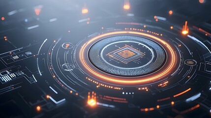 Poster - Sleek 3D rendered tech circle with glowing digital elements layered on a dark backdrop representing big data processing and cutting edge technological innovation