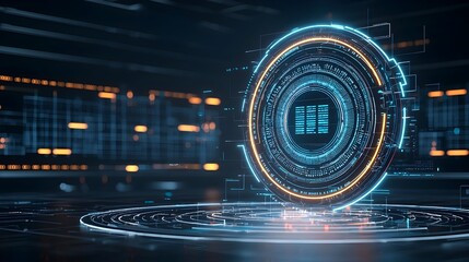 Poster - Floating 3D digital neon circle with tech elements against a dark background representing advanced technology big data and digital transformation concepts  This abstract futuristic has a sleek