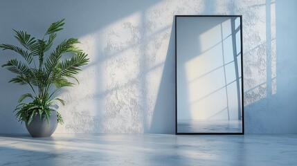 Poster - A modern black metal-framed mirror standing tall against a white backdrop, capturing reflections and adding depth to a contemporary living environment.