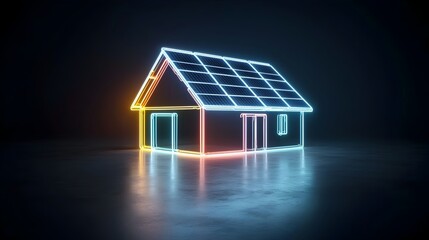Aufkleber - Futuristic and Vibrant Neon House with Solar Panels Glowing on a Dark Backdrop Showcasing Renewable Energy and Sustainable Power Solutions for Modern Architecture and Design