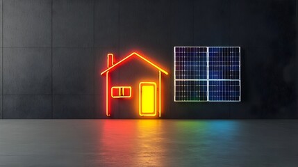 Aufkleber - Futuristic neon house with glowing solar panels showcasing renewable energy and eco friendly power on a sleek black background representing sustainable technology and clean energy solutions