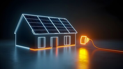 Poster - Bright neon house with solar panels generating clean renewable electricity featuring a glowing plug icon on a dark background to symbolize the future of sustainable energy technology