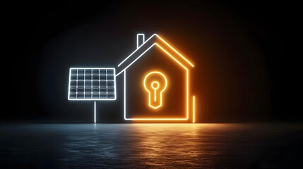 Poster - Neon solar panel icon on house generating glowing electricity plug symbol on a black background representing the concept of renewable energy and sustainable power for homes and buildings