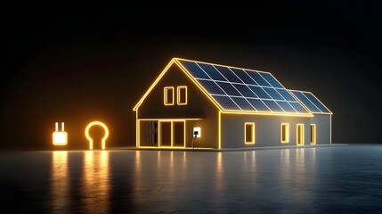 Poster - Glowing Neon House with Solar Panels and Renewable Energy Plug Icon Set Against a Dark Backdrop for a Futuristic Sustainable Energy Concept