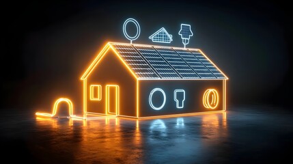 Glowing neon house with solar panel icons on the roof generating electricity with a plug symbol set on a dark background for energy efficiency and sustainable power