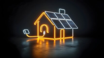 Leinwandbilder - Neon icon of a house with solar panels and a plug glowing on a black background to represent renewable energy and clean power for a sustainable future
