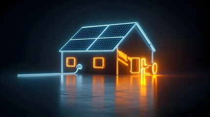 Poster - Neon illuminated modern house with solar panels harnessing the power of renewable energy symbolizing a sustainable and efficient future in electricity production set against a dark background