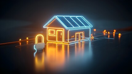 Leinwandbilder - Neon House with Solar Panel Roof and Glowing Plug Icon Set Against a Dark Background Symbolizing Clean Energy and Electricity Production