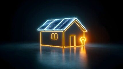 Poster - Futuristic neon house with solar panel roof and glowing electricity plug icon on a dark background symbolizing clean energy and sustainable power technology for the home