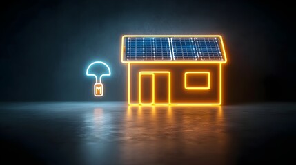 Poster - Neon lit modern house with solar panel roof and glowing electrical plug icon set against a dark background symbolizing clean energy and sustainable power solutions for the future