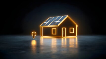 Poster - Glowing neon house with solar panels and a plug icon symbolizing the concept of renewable and sustainable energy set against a sleek black background