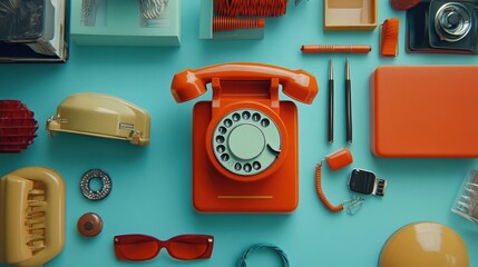 Poster - Rotary dial phone and retro accessories, creative aesthetic layout