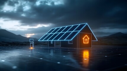 Leinwandbilder - Bright neon solar panel and house icon with a glowing plug on a black backdrop symbolizing sustainable power and renewable energy technology for the future