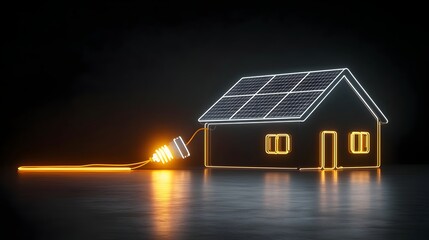 Aufkleber - Neon illuminated house with solar panels generating renewable electricity depicted with a glowing plug on a black background to emphasize the clean sustainable energy concept