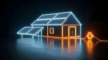 Leinwandbilder - of a neon colored house with solar panels generating renewable electricity depicted against a black background with a glowing electrical plug to emphasize the concept of clean sustainable power