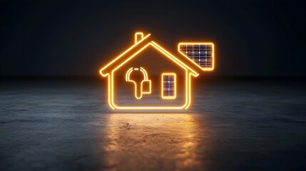 Poster - Glowing Neon House Icon with Solar Panels and Plug Symbol Showcasing Clean Energy on Dark Background  Futuristic Sustainable Technology Concept