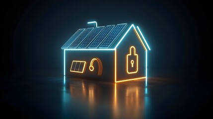 Poster - Neon Glowing House Icon with Solar Panels and Power Plug Symbol Highlighting Clean Energy on Dark Background  Concept for Renewable Sustainable and Eco Friendly Technology