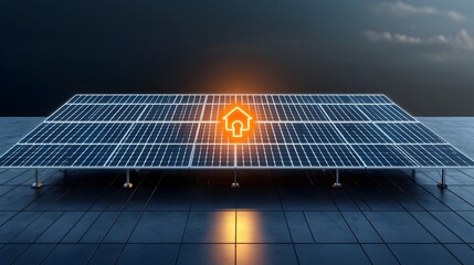 Wall Mural - Glowing neon solar panel installed on a house roof with a plug icon on a black backdrop symbolizing the concept of renewable sustainable and eco friendly energy technology for modern smart homes