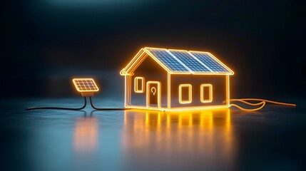 Poster - Futuristic Neon Illuminated House with Renewable Solar Panels and Electrical Plug Concept for Eco Friendly Electricity on Dark Background