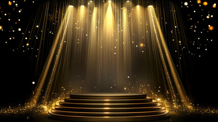 Poster - Golden Stage Background with Lights and Glitter - 3D Illustration