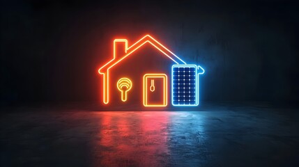Poster - Glowing neon house icon with solar panels and plug symbol set against a dark background representing the concept of sustainable energy and clean renewable electricity production for modern
