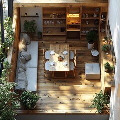 Poster - Top view 3D render of cozy small dining room with a compact table and simple chairs illustrated floor plan on a white background showcasing effective use of space