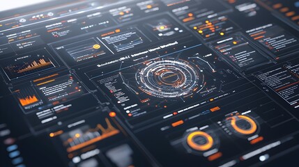 Poster - Futuristic 3D virtual business intelligence dashboard with abstract technology interface highlighting data trends performance metrics and analytics in a sleek digital design