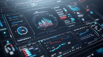 Aufkleber - Futuristic 3D Virtual Business Intelligence Dashboard with Abstract Technology Interface Highlighting Data Trends and Performance Metrics in a Sleek Cutting Edge Design