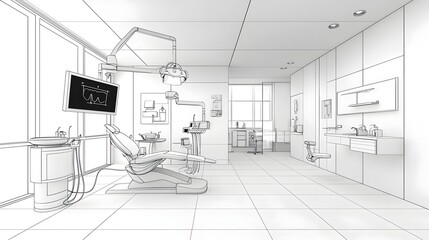 Poster - Detailed sketch of a modern minimalist dental office interior featuring abstract technological motifs and futuristic dental equipment creating a clean and contemporary clinic environment